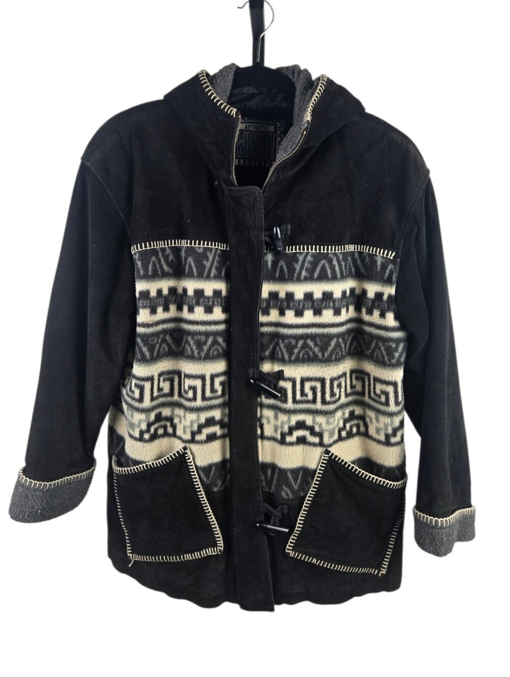 Vintage Winlit 1969 Suede Aztec Hooded Jacket Black Size Large